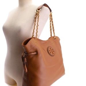 $595 Tory Burch Marion Slouchy Whipstitch Tote in Brown Leather Handbag